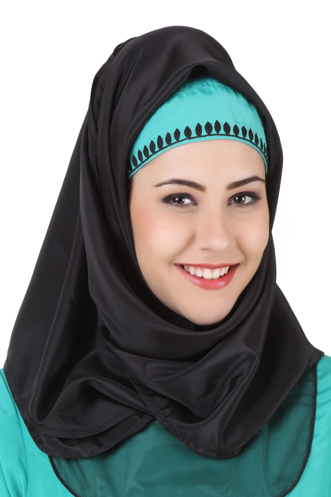 Manab Fancy Turquoise-Green and Black Net and Crepe Abaya