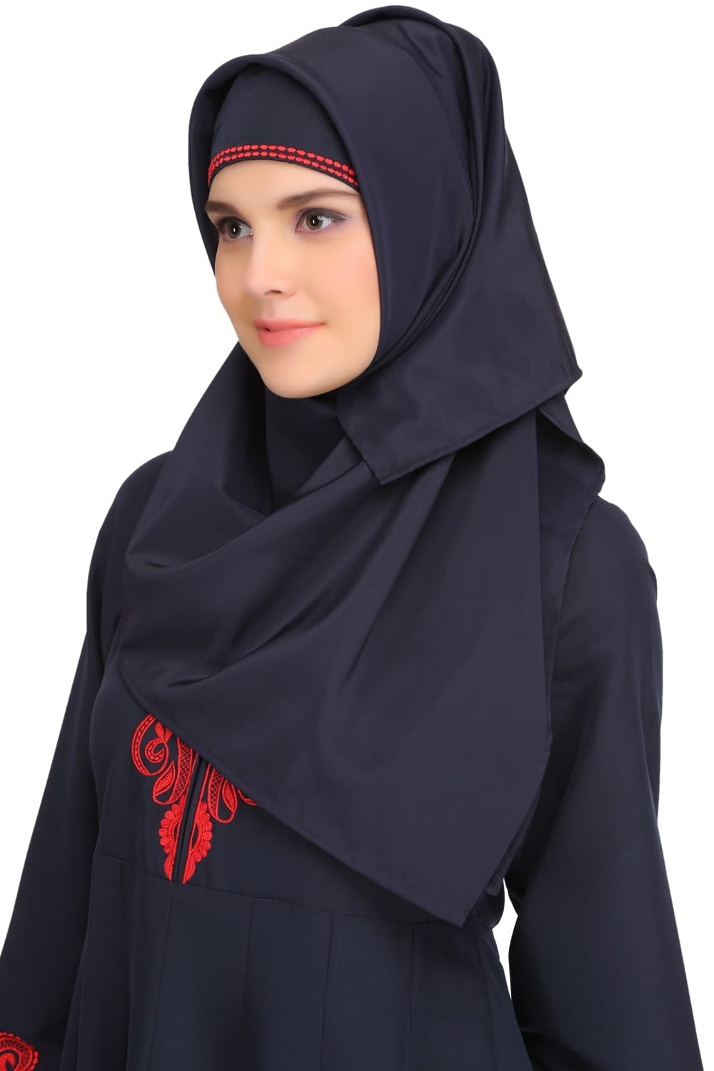Nasira Navy Blue Nida & Red Satin Abaya