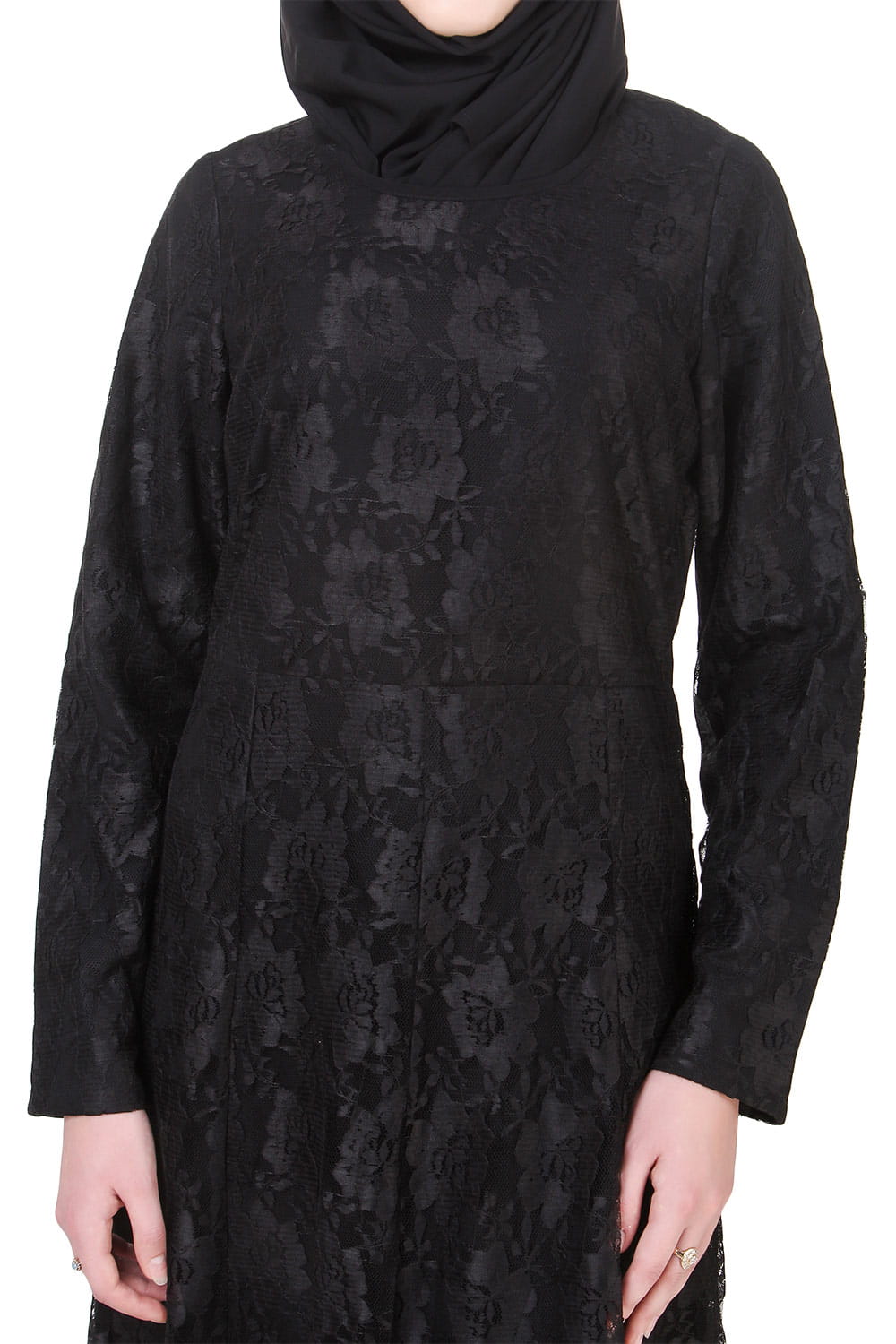 Black floral patterned dress worn by a person on a white background