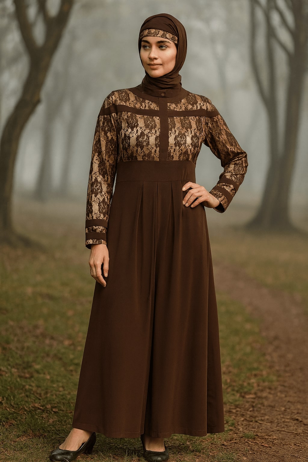 Woman wearing a brown dress with lace detailing in a forest setting