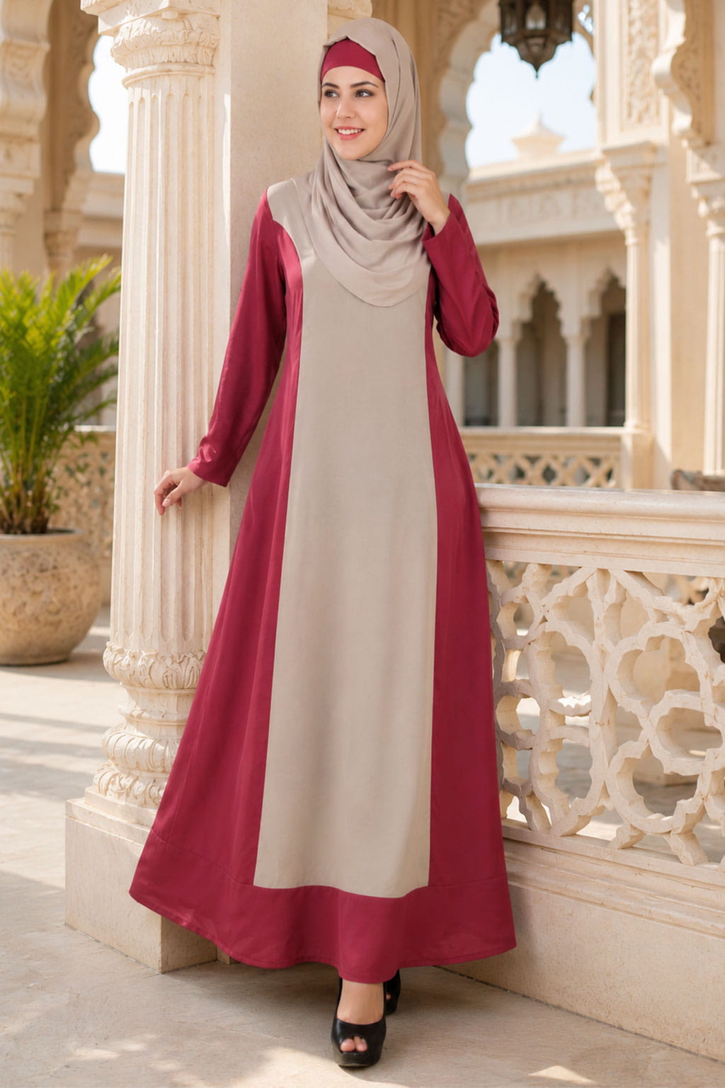 Arshi Slim Look Rose Pink & Warm Grey Abaya