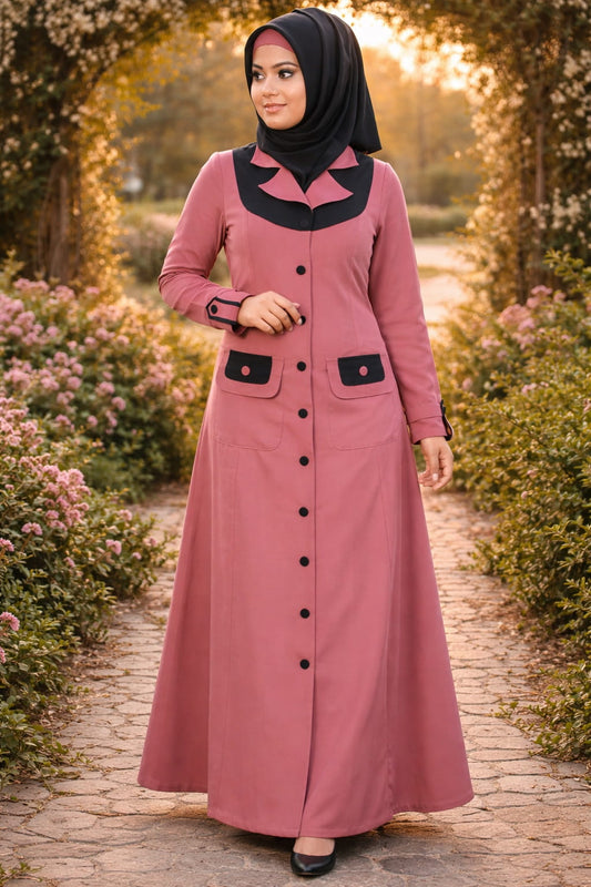 Woman wearing a pink dress with black accents in a garden setting