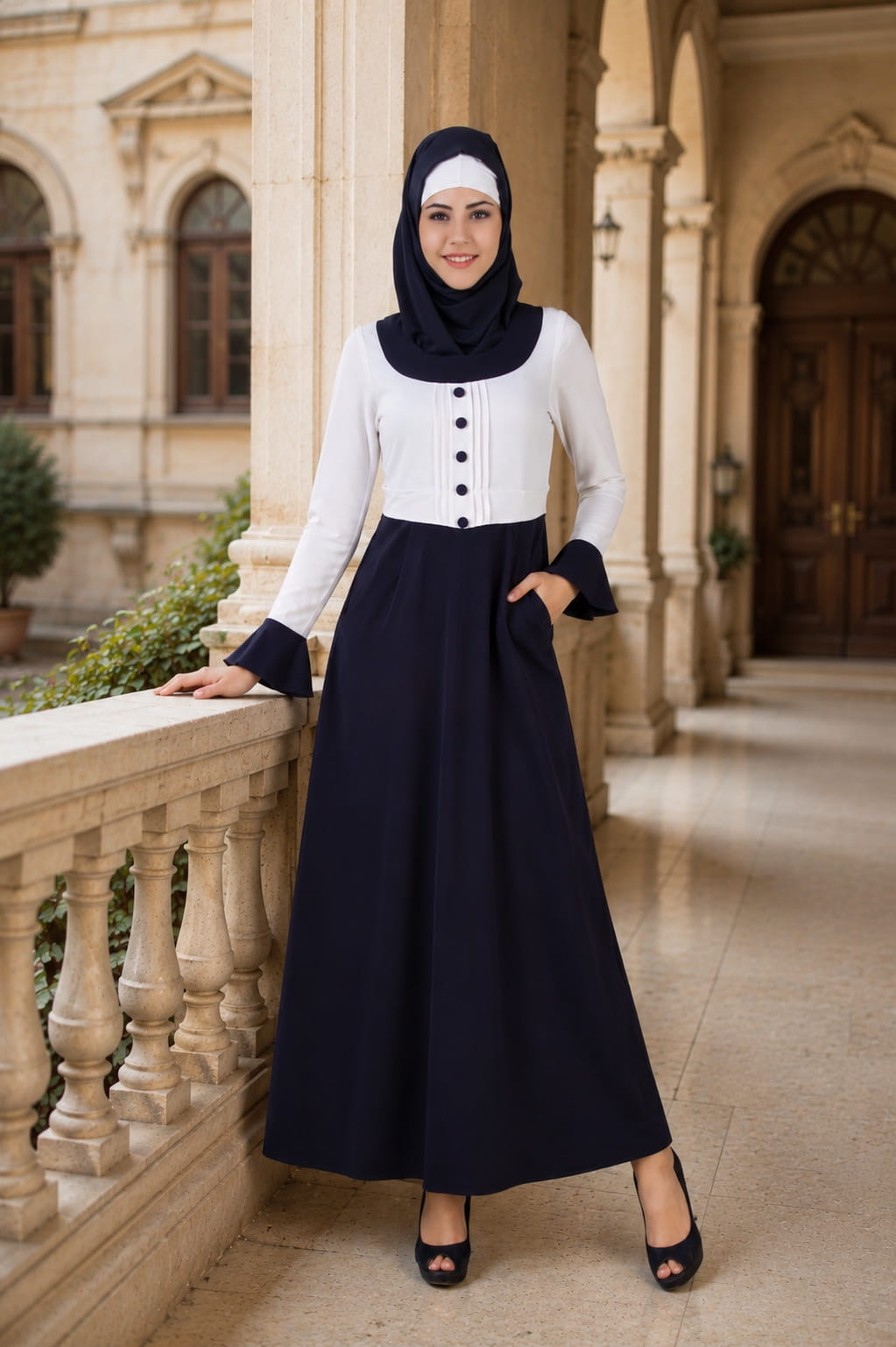 Eiman White & Navy Blue Kashibo Abaya