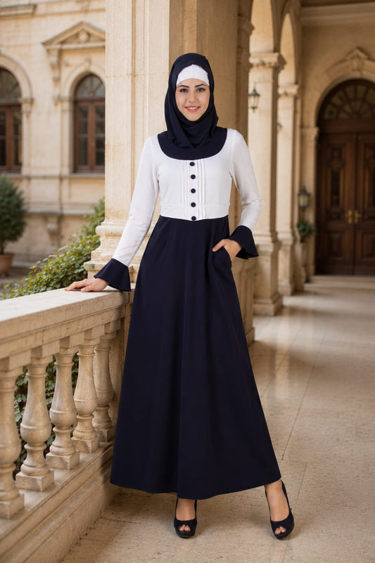 Eiman White & Navy Blue Kashibo Abaya