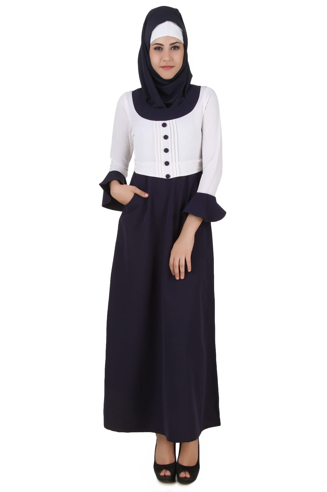 Eiman White & Navy Blue Kashibo Abaya