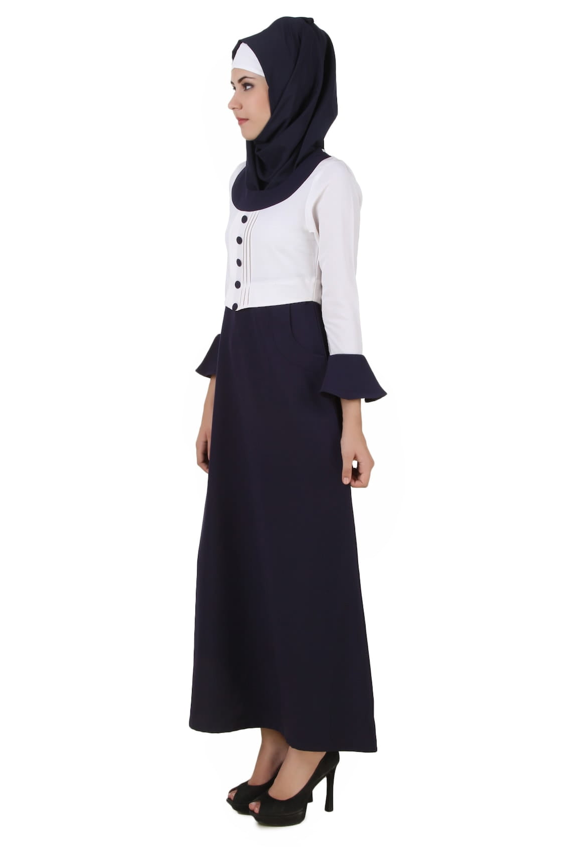 Eiman White & Navy Blue Kashibo Abaya
