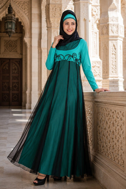 Manab Fancy Turquoise-Green and Black Net and Crepe Abaya