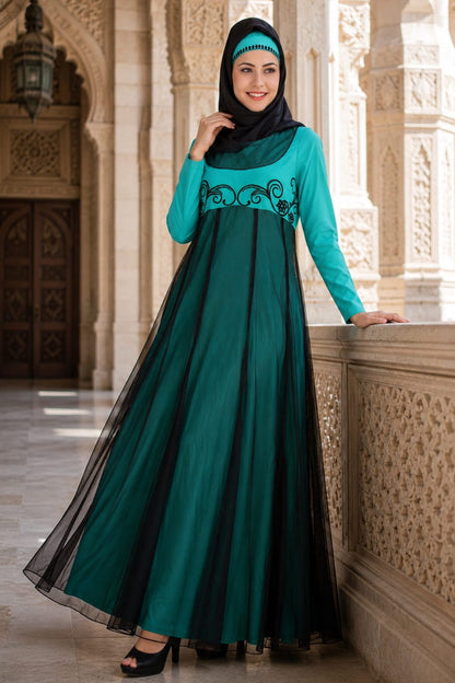 Manab Fancy Turquoise-Green and Black Net and Crepe Abaya
