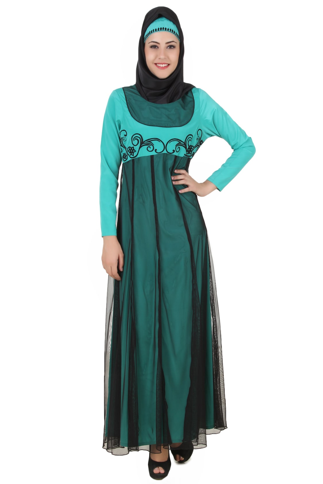 Manab Fancy Turquoise-Green and Black Net and Crepe Abaya
