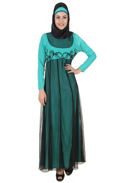 Manab Fancy Turquoise-Green and Black Net and Crepe Abaya