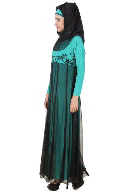 Manab Fancy Turquoise-Green and Black Net and Crepe Abaya