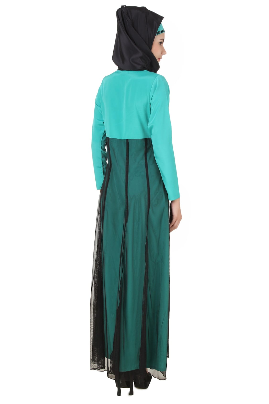 Manab Fancy Turquoise-Green and Black Net and Crepe Abaya