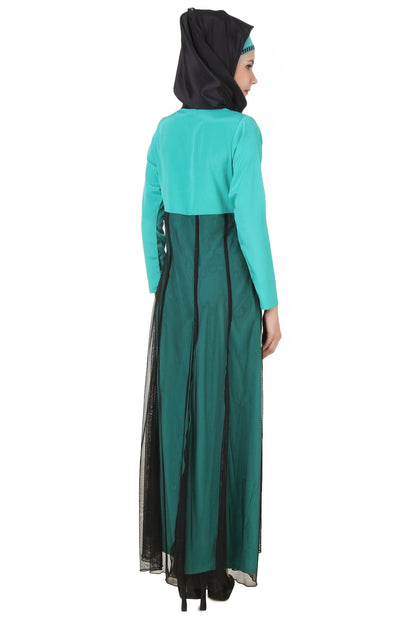 Manab Fancy Turquoise-Green and Black Net and Crepe Abaya