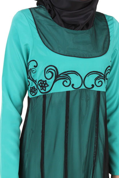 Manab Fancy Turquoise-Green and Black Net and Crepe Abaya