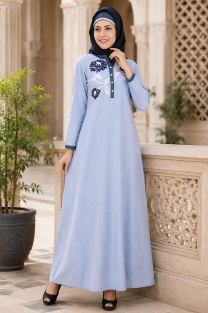 Mahek Ice Blue Chambray Cotton Abaya