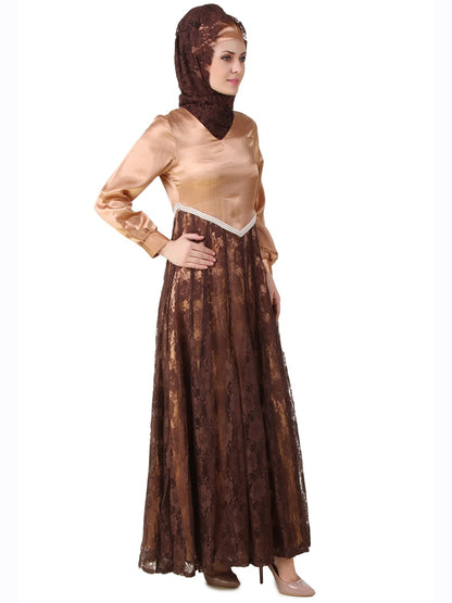 Mahrosh Copper Satin & Brown Flower Net Abaya
