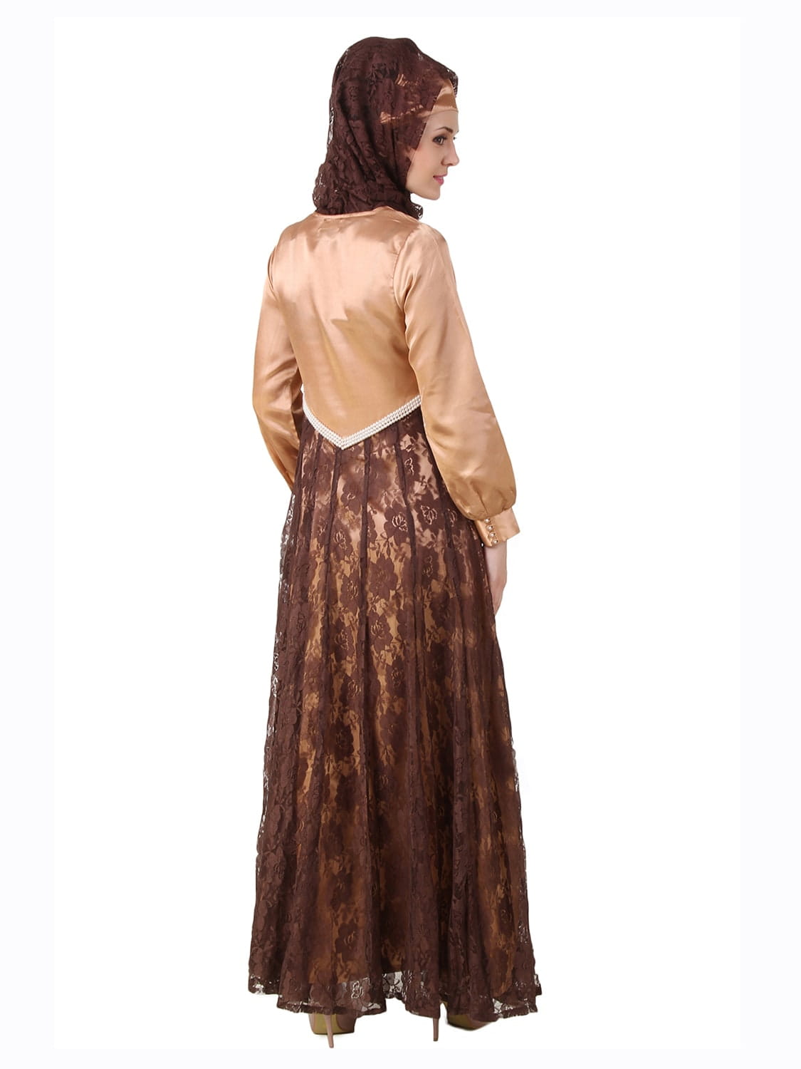 Mahrosh Copper Satin & Brown Flower Net Abaya