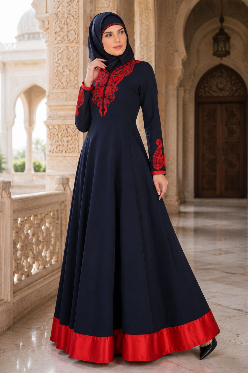 Nasira Navy Blue Nida & Red Satin Abaya