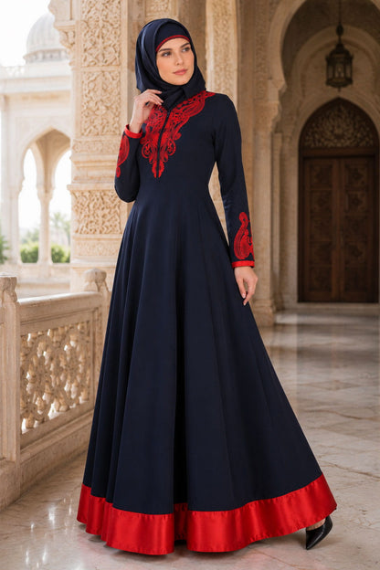 Nasira Navy Blue Nida & Red Satin Abaya