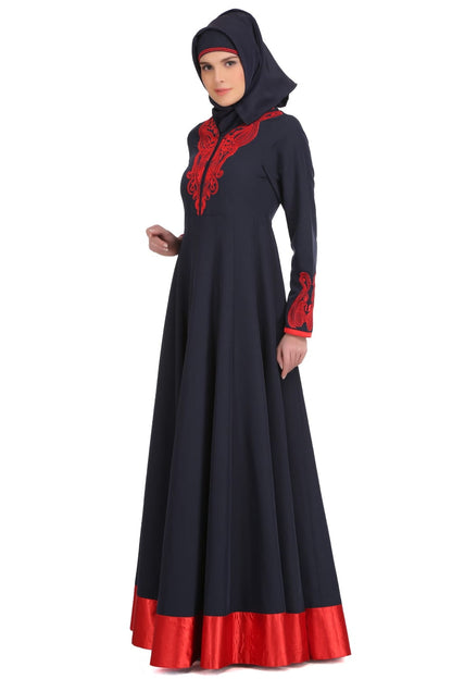 Nasira Navy Blue Nida & Red Satin Abaya