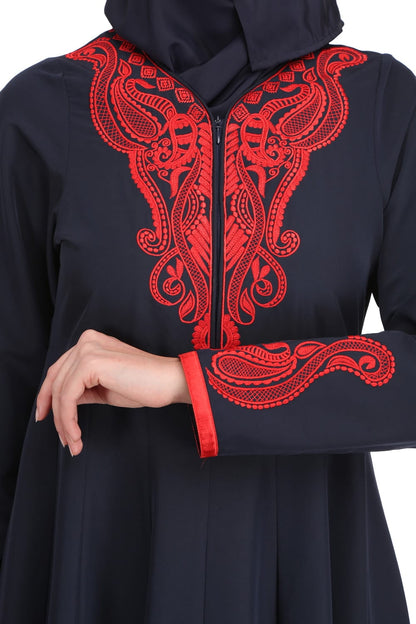 Nasira Navy Blue Nida & Red Satin Abaya