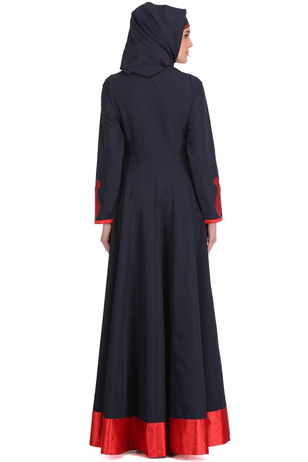 Nasira Navy Blue Nida & Red Satin Abaya