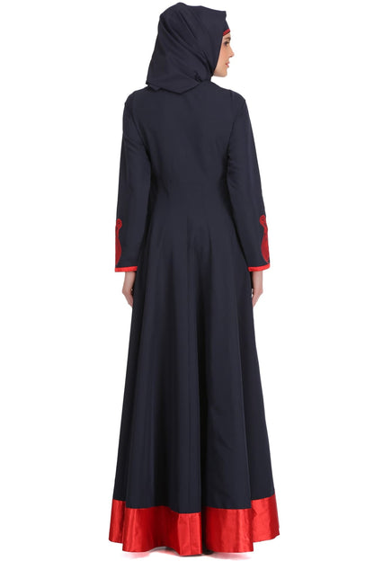 Nasira Navy Blue Nida & Red Satin Abaya
