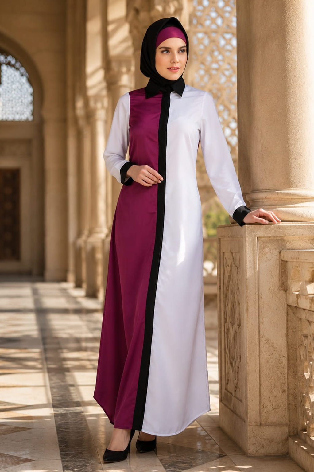 Daliya White & Wine Crepe Short Abaya