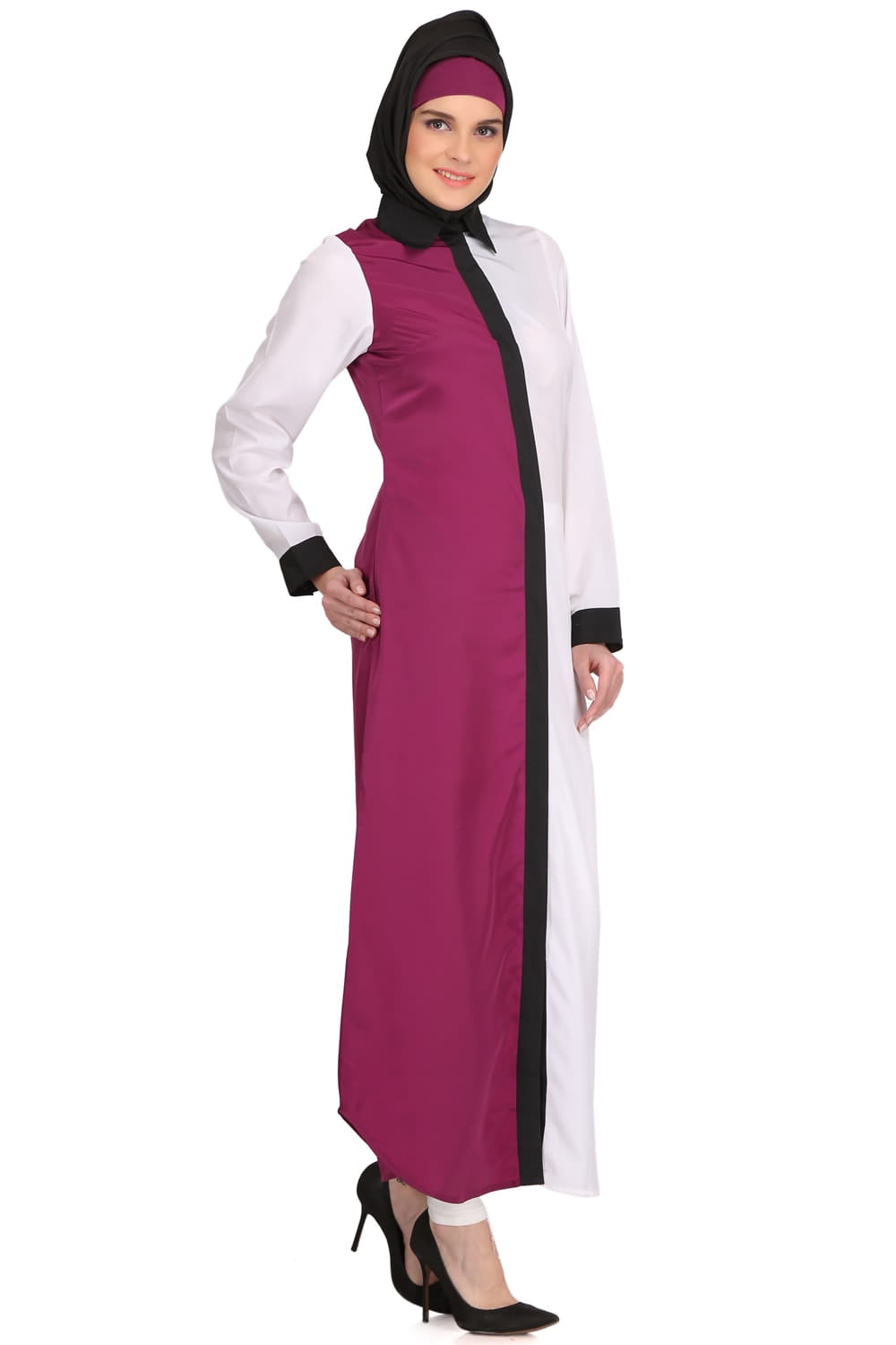 Daliya White & Wine Crepe Short Abaya
