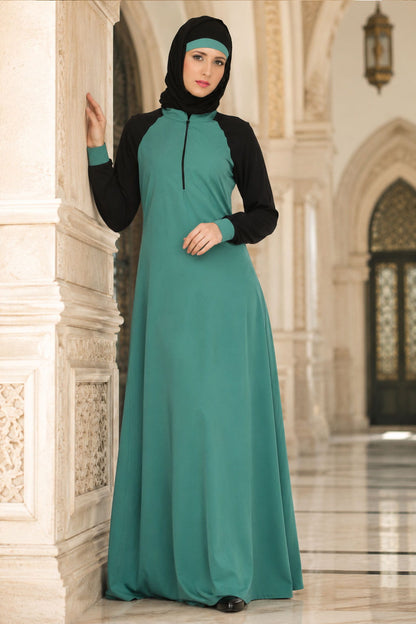 Tafida Light Green Kashibo & Black Jersey Sleeves Sports Abaya