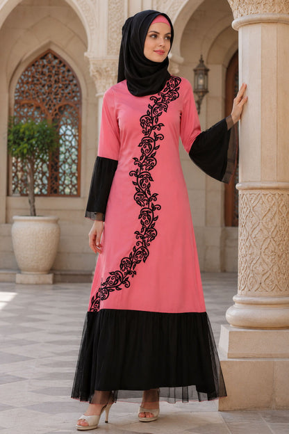 Saidah Pink Crepe & Net Abaya