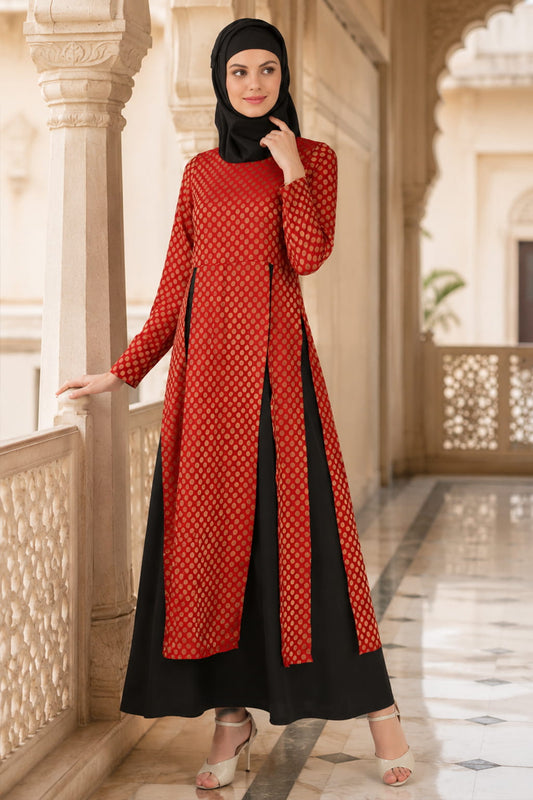 Sameera Red Brocade & Black Nida Abaya
