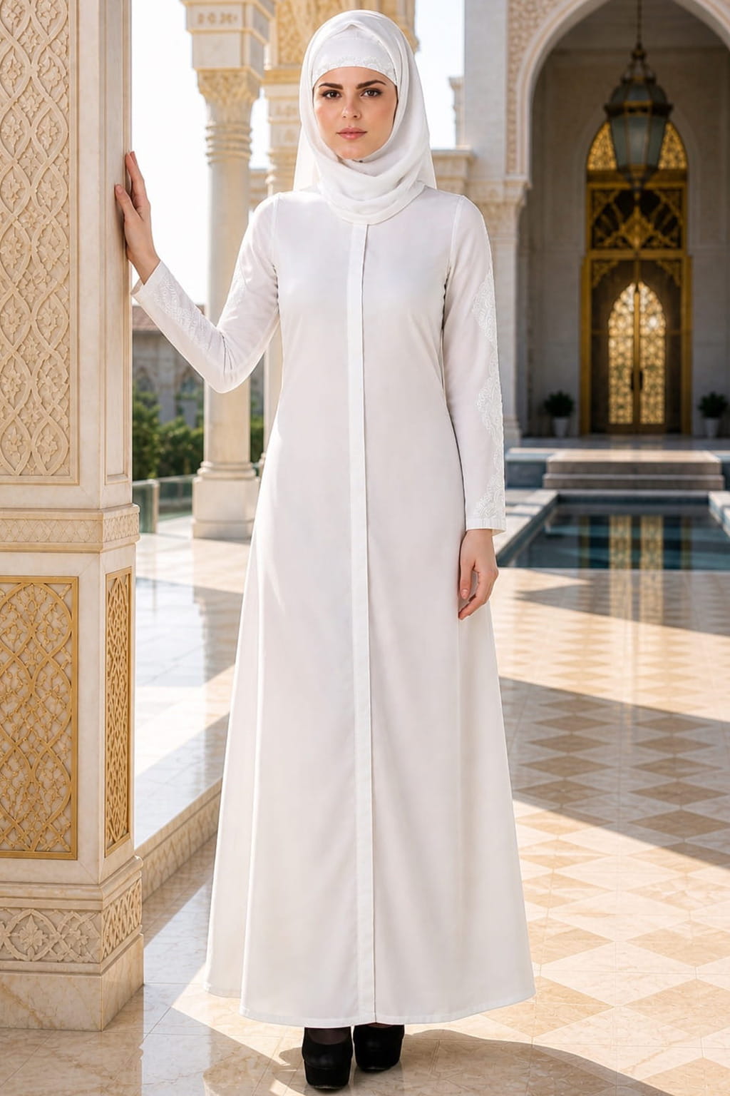 Huma White Front Open Cotton Abaya