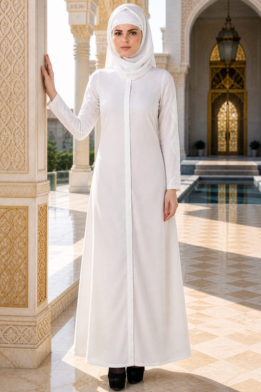Huma White Front Open Cotton Abaya