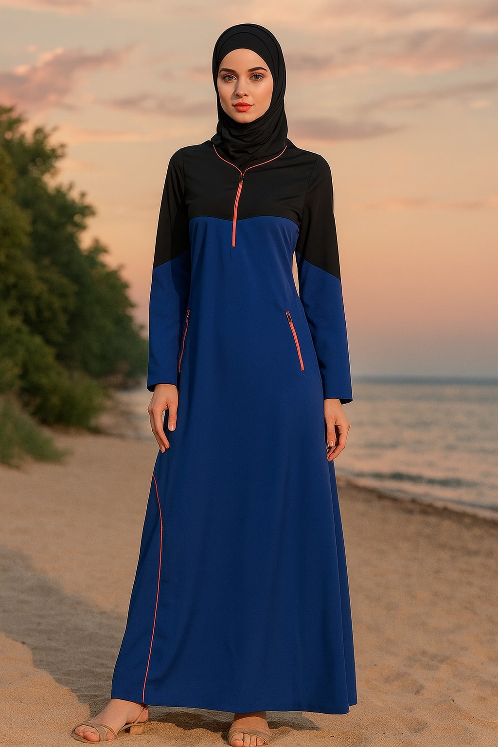 Woman wearing a black and blue dress with a hijab on a beach at sunset.