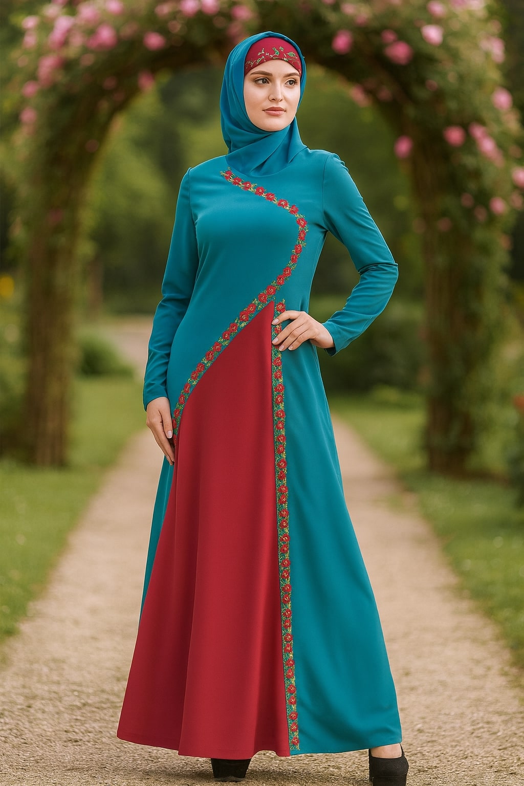 Woman wearing a blue and red dress with a floral archway in the background