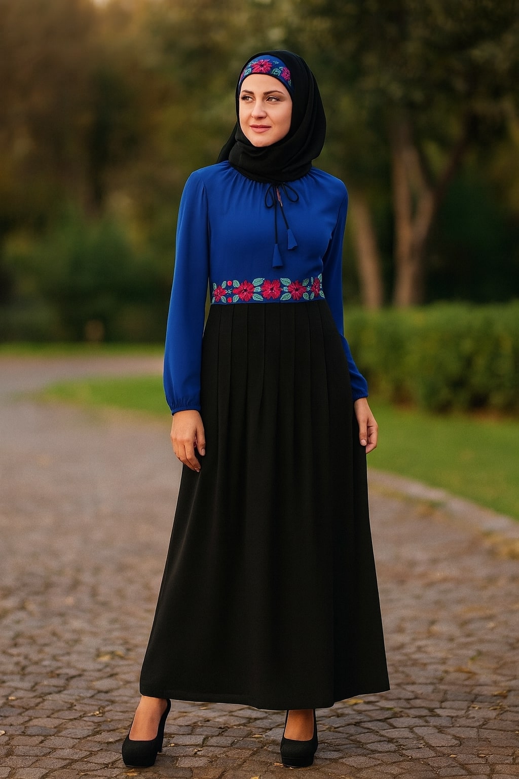 Woman wearing a blue top and black hijab with a colorful belt, standing on a paved path with greenery in the background.