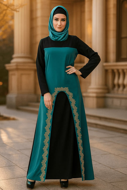 Woman wearing a teal and black dress with a hijab in front of classical architecture.