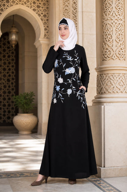 Black Leaf and Flower Embellished Black Nida Abaya