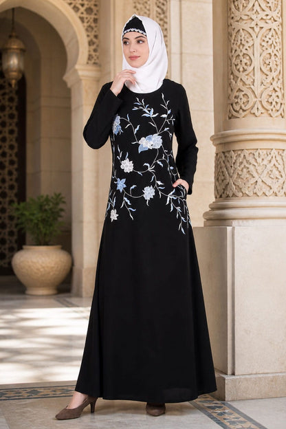 Black Leaf and Flower Embellished Black Nida Abaya
