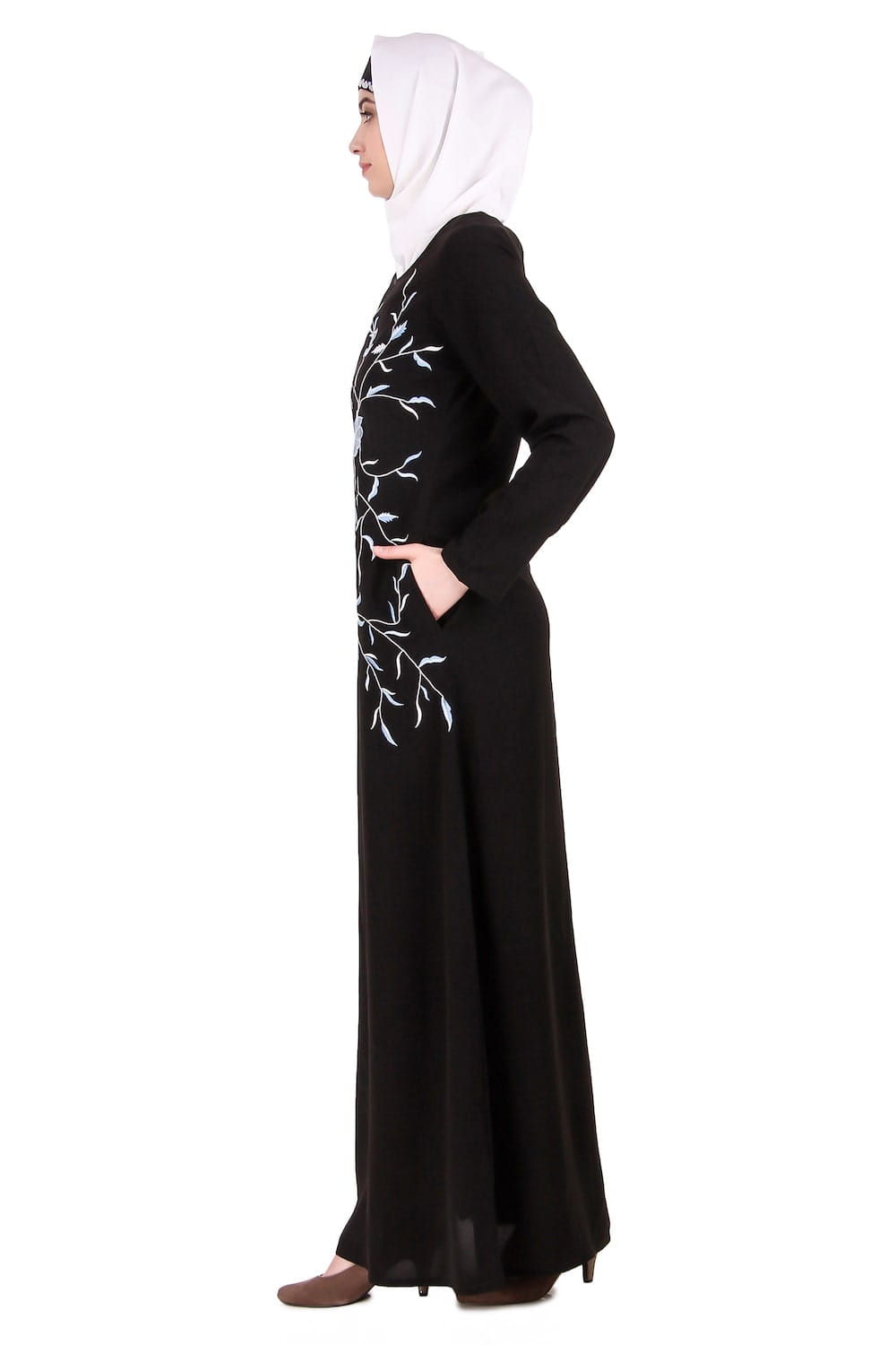 Black Leaf and Flower Embellished Black Nida Abaya