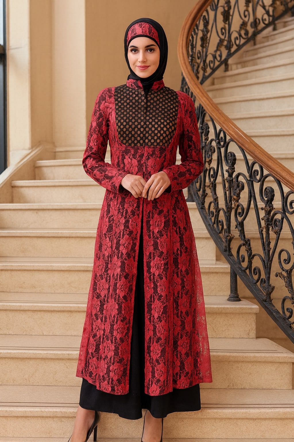 Woman in a red and black patterned dress standing on a staircase.