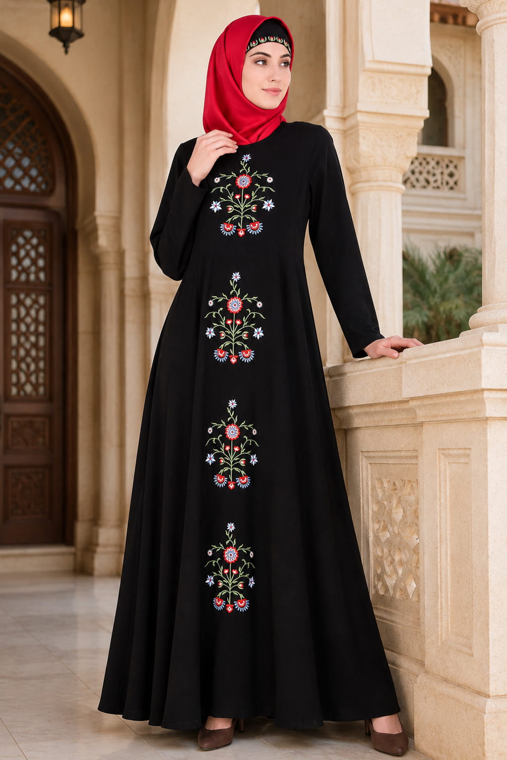Black Floral Embroidered Nida Abaya