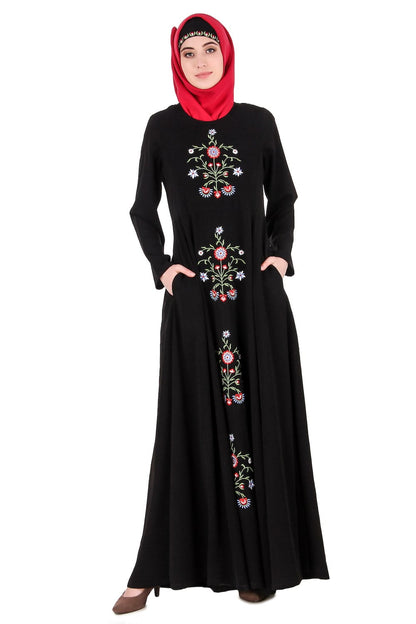 Black Floral Embroidered Nida Abaya