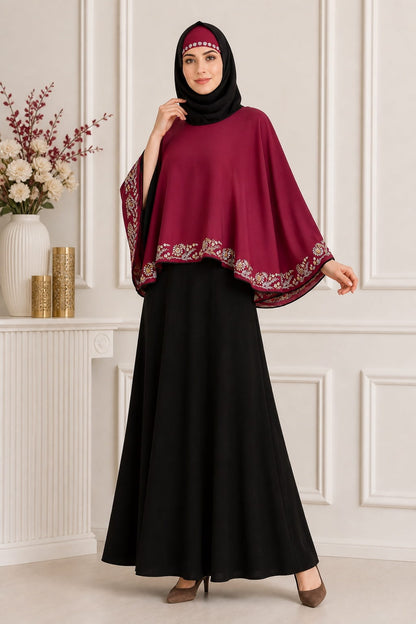 Black & Rose Pink Semi-Circular Cape Abaya
