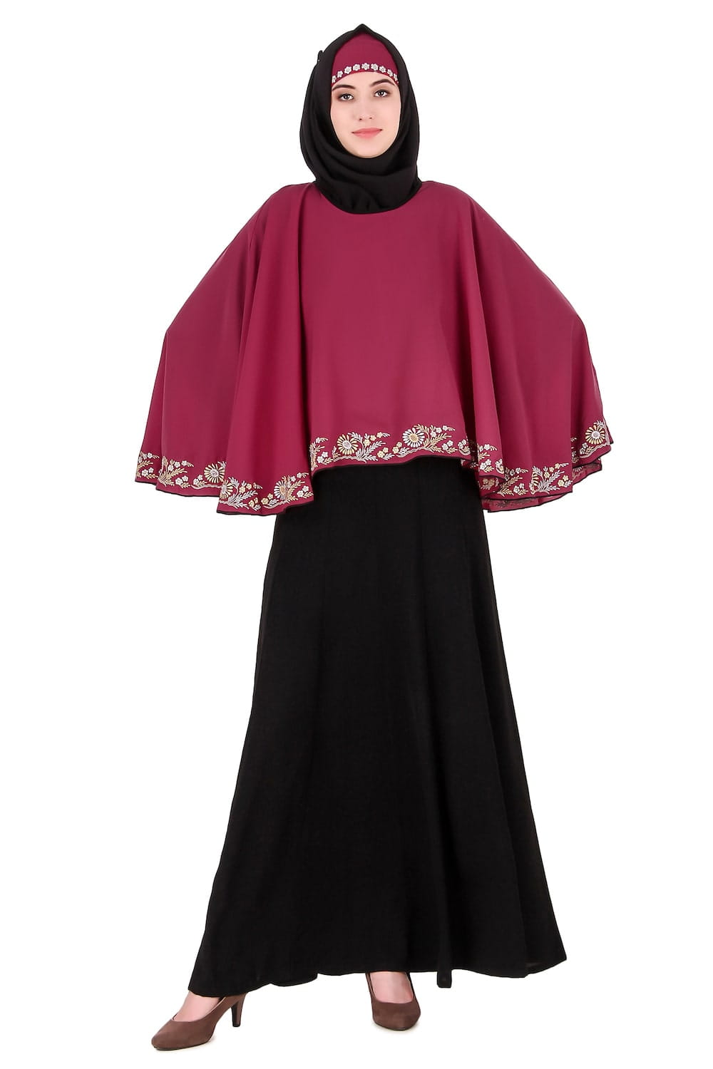 Black & Rose Pink Semi-Circular Cape Abaya
