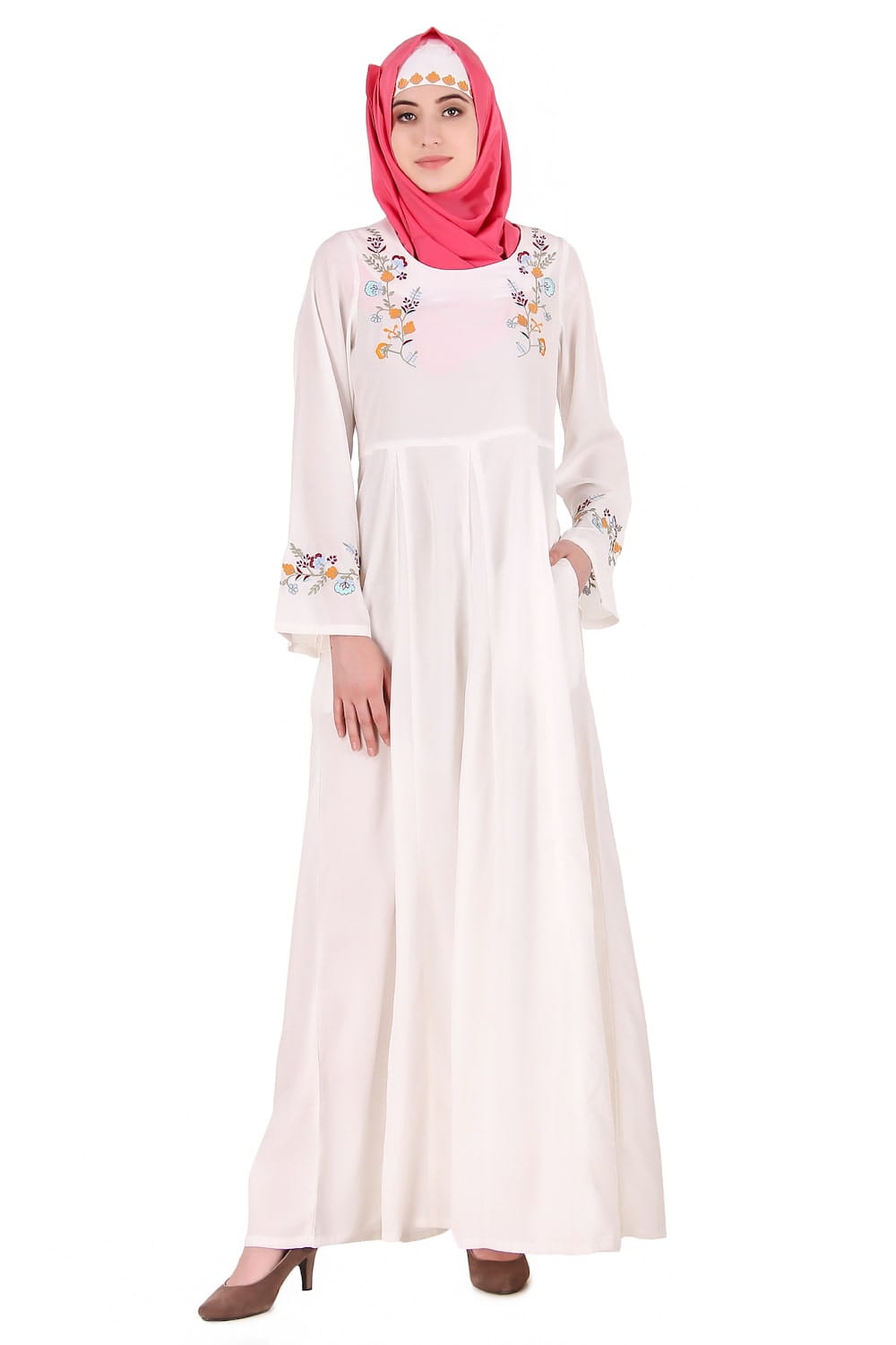 Colorful Embroidered Bell Sleeve White Abaya