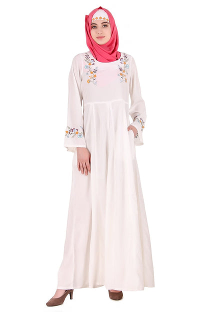 Colorful Embroidered Bell Sleeve White Abaya