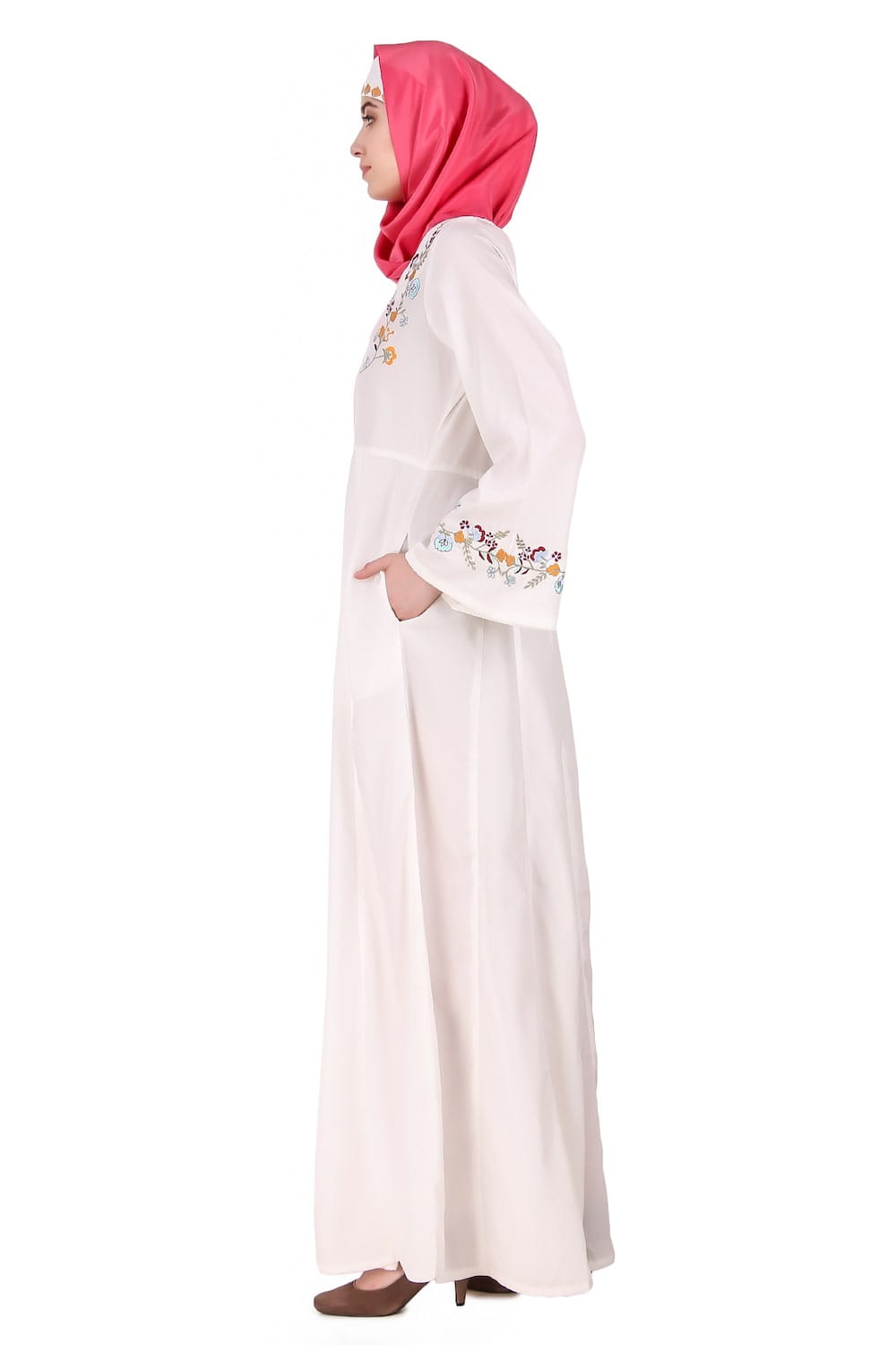 Colorful Embroidered Bell Sleeve White Abaya