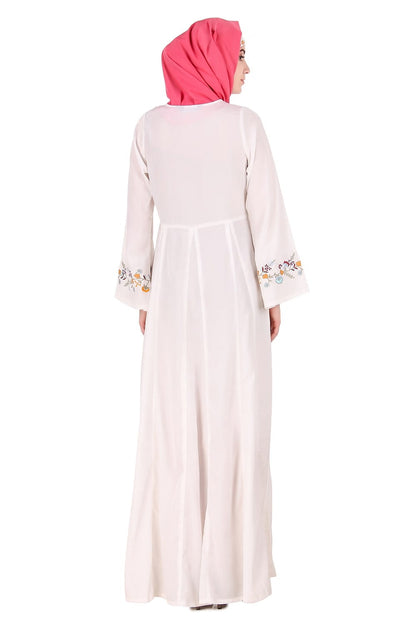 Colorful Embroidered Bell Sleeve White Abaya